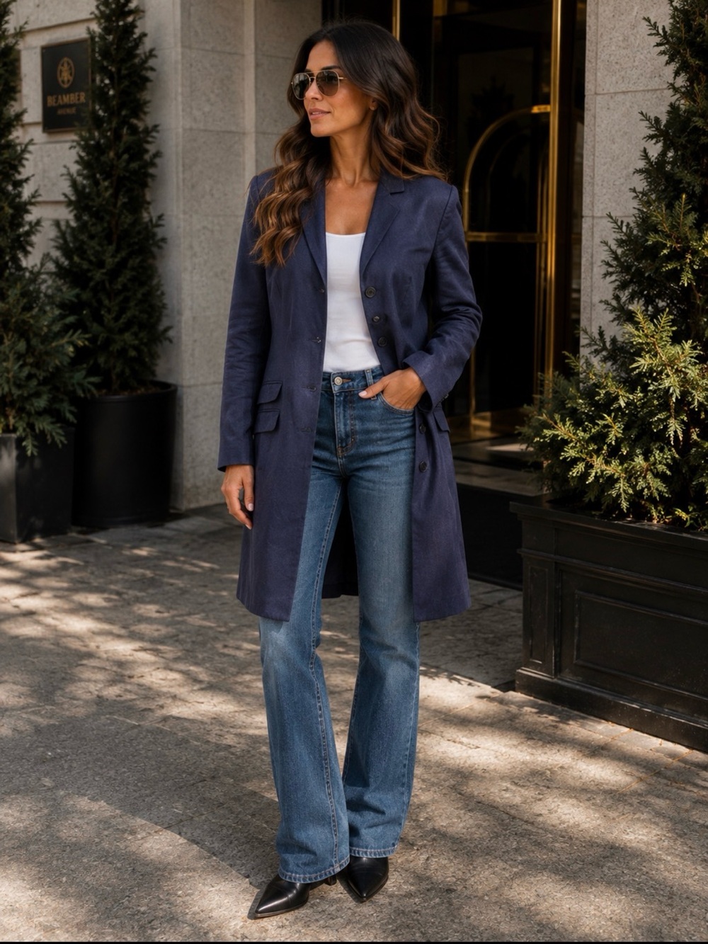 Liz Claiborne Linen Blend Navy Longline Blazer Jacket